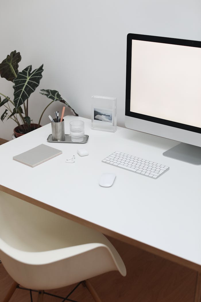 Interior of workplace with modern gadgets